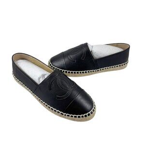 Chanel Espadrilles Loafers Flats Shoes Black Lambskin Leather EU Size 38 US 8